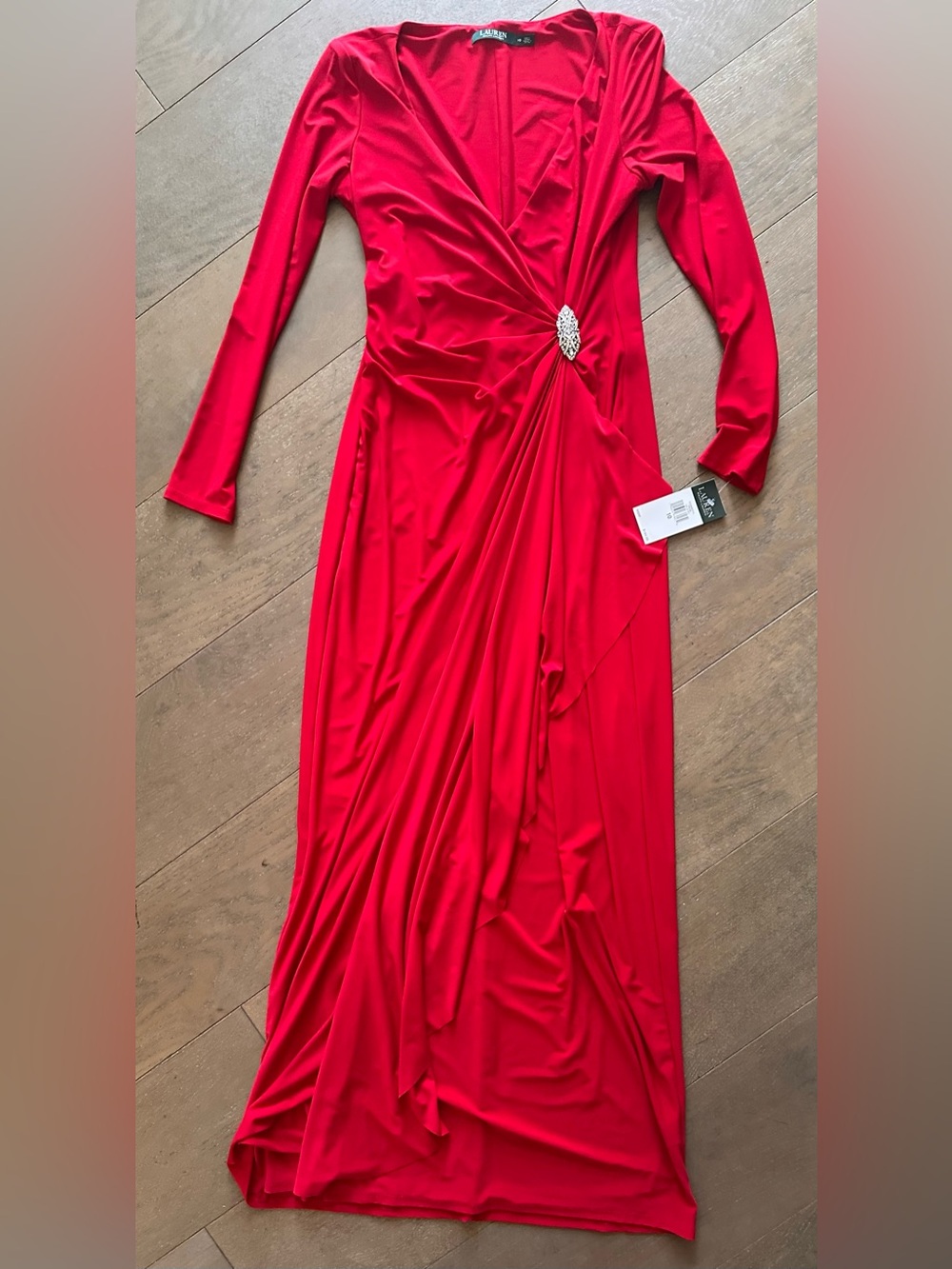 Lauren Ralph Lauren Red Evening Gown Crystal Brooch Draped Maxi Dress NWT